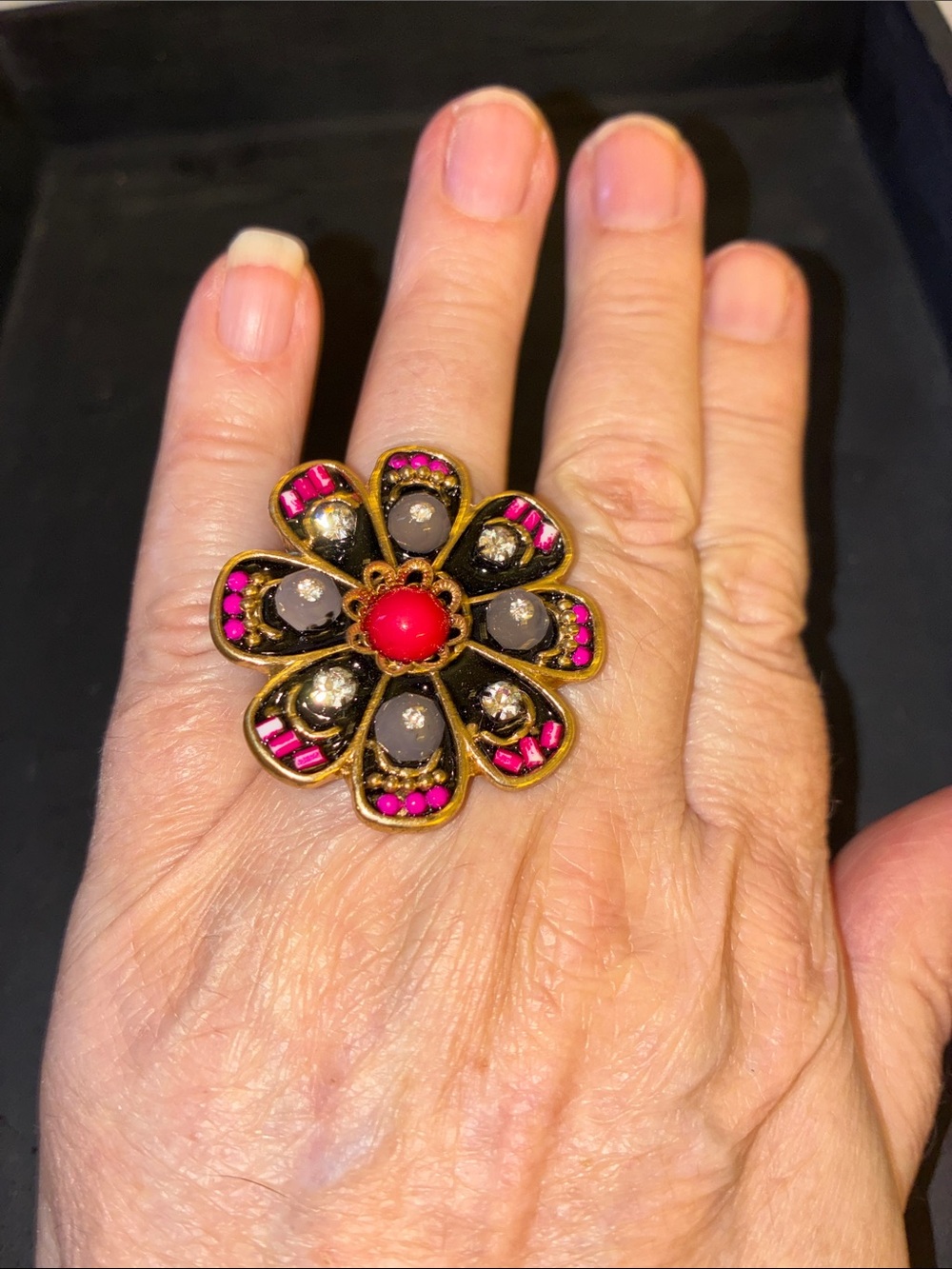 Vintage-Inspired Floral Statement Ring in Pink and Gold